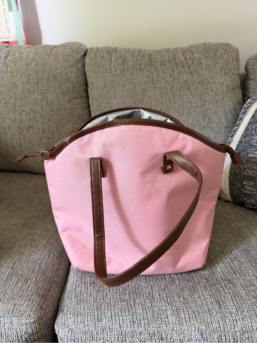 T.J.Maxx Pink Canvas Tote with Brown Trim